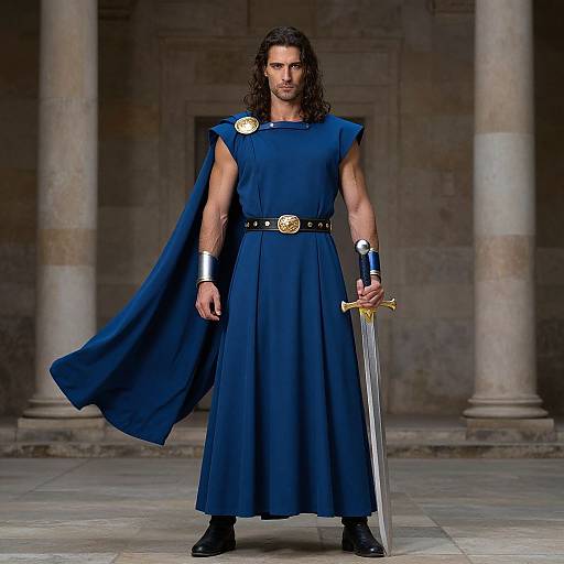 Photograph of a muscular man with long dark hair, wearing a blue tunic, cape, and black belt, holding a sword, standing in a