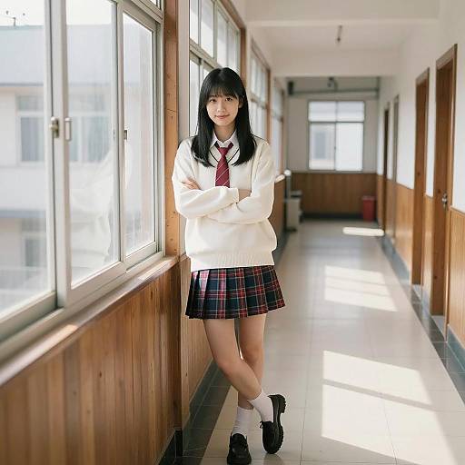 Asian Woman in a Sunlit Hallway