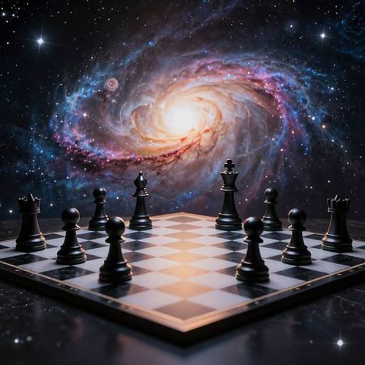Digital artwork: Black chess pieces on a glowing checkered board against a cosmic background with a vibrant, swirling galaxy.