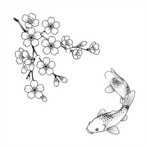 Black and white ink drawing of a cherry blossom branch with delicate flowers and a detailed koi fish swimming below.