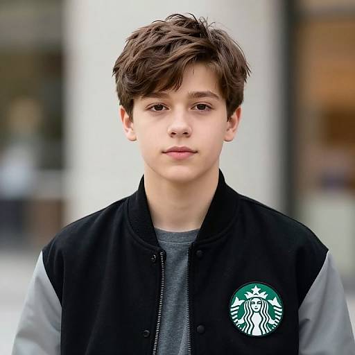 Boy in Starbucks Logo Jacket