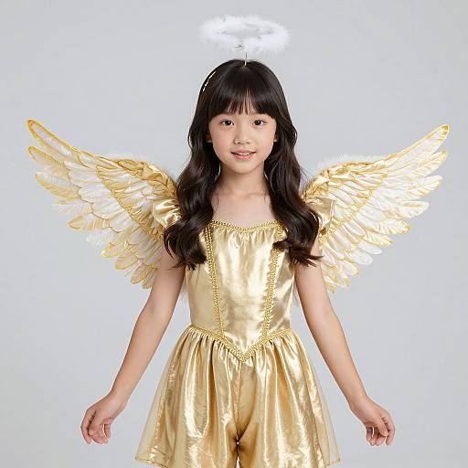 Photograph of an Asian girl with long black hair, wearing a shiny gold dress and golden angel wings, against a white background. A halo is digitally