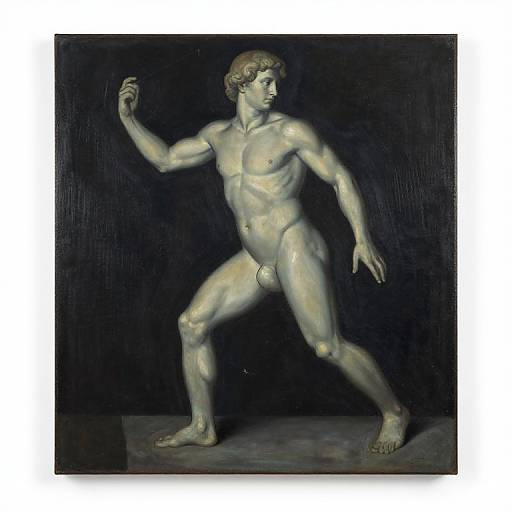 Photograph of a classical-style marble statue depicting a nude, muscular male figure with curly hair, raised right arm, and dark background.