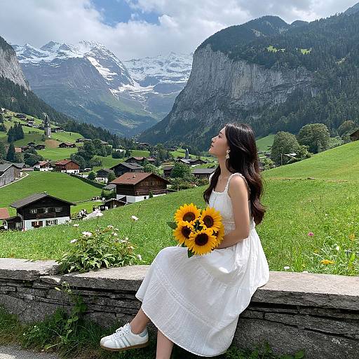 Photograph of a woman with long black hair in a white dress, holding sunflowers, sitting on a stone wall, overlooking a lush mountain village with