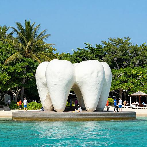Photograph of a large, white, sculpted molar sculpture in a clear, turquoise pool, surrounded by lush green trees and palm fronds,