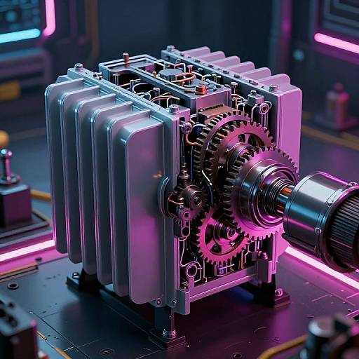 Photorealistic CGI of a futuristic, glowing, metallic engine with pink neon lights, intricate gears, and a cylindrical shaft, set in a high-tech