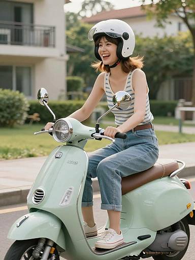 Laughing Woman on Mint Vintage Scooter