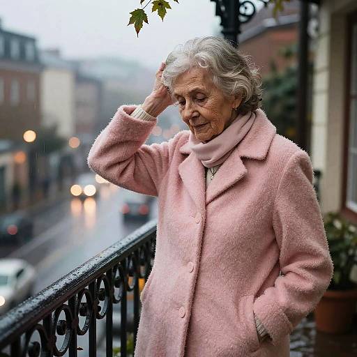 Elderly Woman on Rainy Balcony