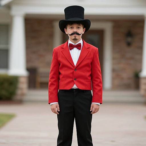 Photograph of a young boy with a mustache, wearing a black top hat, red blazer, white shirt, black bow tie, and black