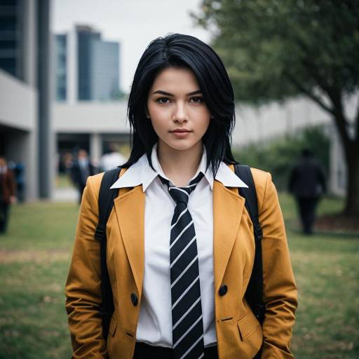 Young woman in brown jacket with black necktie outdoors