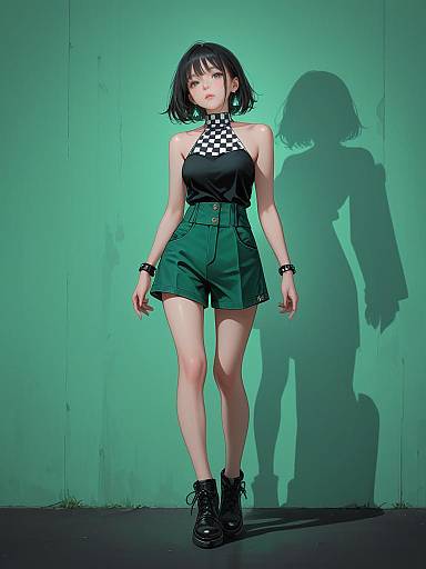 Digital art of a young woman with short black hair, wearing a black checkered halter top, green high-waisted shorts, black boots,