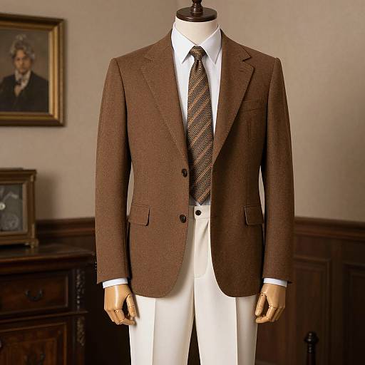 Photograph of a mannequin wearing a brown tweed blazer, white dress shirt, and brown patterned tie, with white pants, in