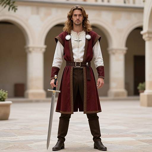 Photograph of a medieval knight with long brown hair, wearing a maroon tunic, white shirt, black pants, and black boots, holding a