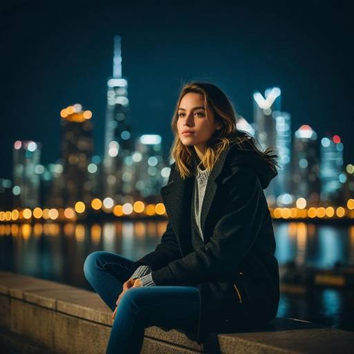 Young Woman Sitting by Waterfront at Night