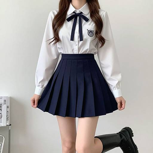 Photograph of an Asian woman in a white long-sleeve shirt with black ribbon, black pleated skirt, black knee-high socks, and black