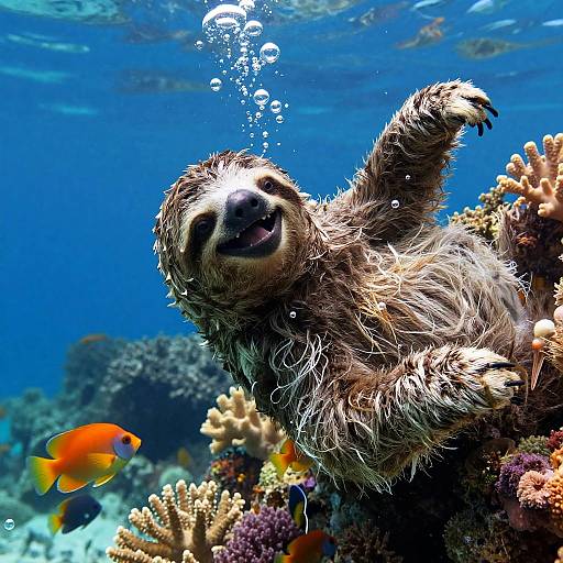 Laughing Sloth in Vibrant Coral Reef