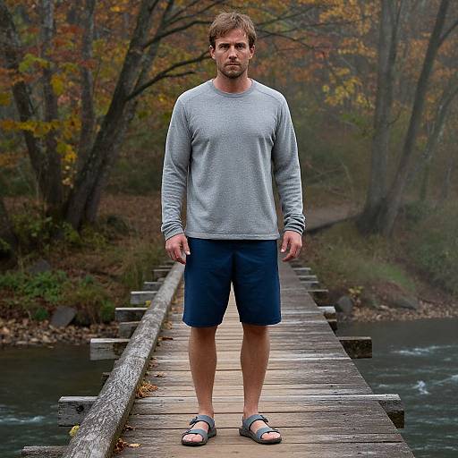 Photograph of a bearded man in a gray sweater, blue shorts, and sandals standing on a wooden bridge in a foggy, autumn forest.