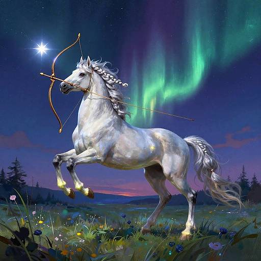 Digital painting of a white, magical unicorn with braided mane, bow and arrow, rearing under vibrant green Northern Lights, starry night sky,