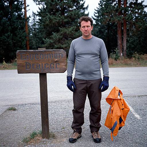 Man in Outdoor Hiking Attire Beside Wooden Sign