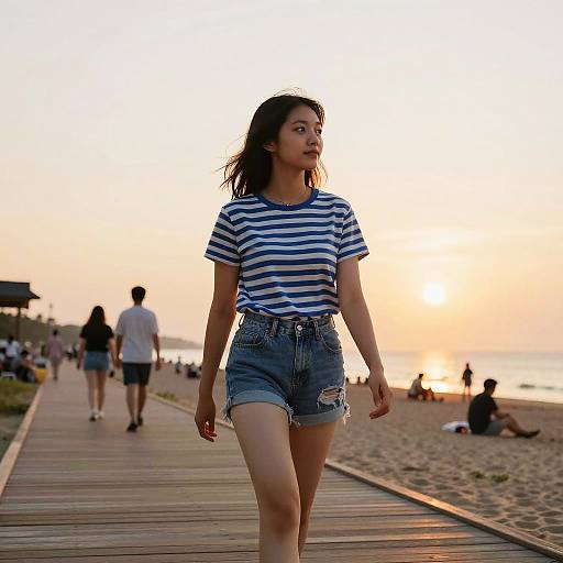Young Woman Walking on Beach Boardwalk at Sunset