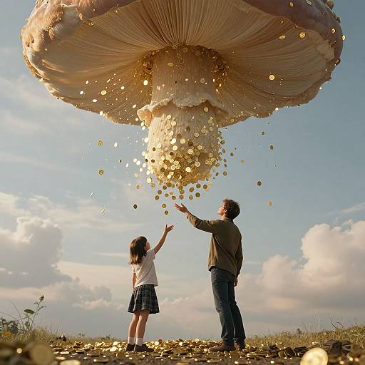 Photograph of a woman and child standing under a giant mushroom, gold coins pouring from it, clear blue sky, grassy field.