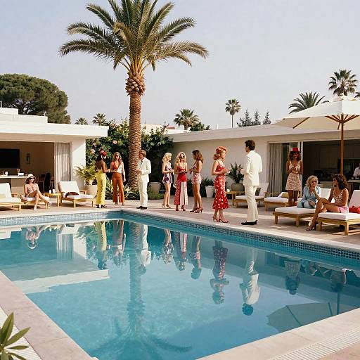 Photograph of a sunny pool party with diverse guests in summer attire, palm trees, white poolside buildings, and clear blue water.