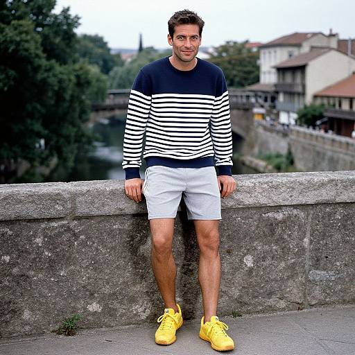 Photograph of a young man with short brown hair, wearing a black and white striped sweater, white shorts, and bright yellow sneakers, leaning against a