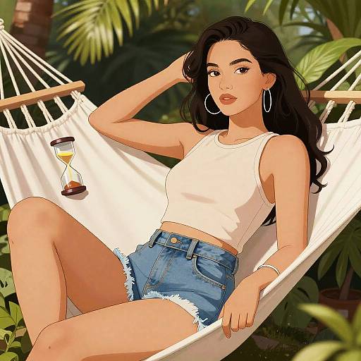 Hourglass Woman Relaxing in Tropical Garden Hammock