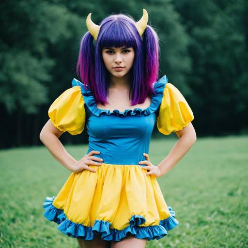 Young woman in colorful troll-inspired costume outdoors
