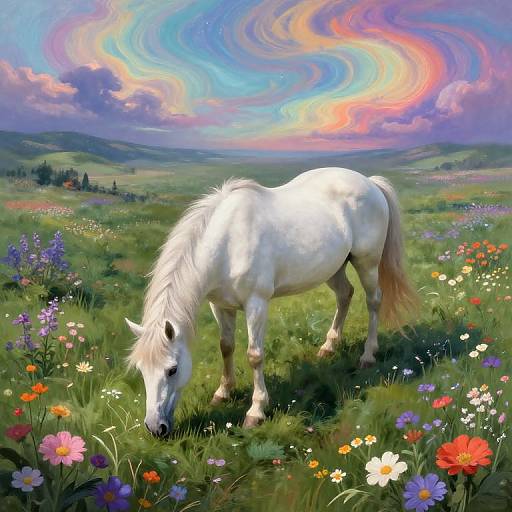 Digital painting of a white horse grazing in a vibrant, colorful meadow with swirling rainbow sky, surrounded by wildflowers.