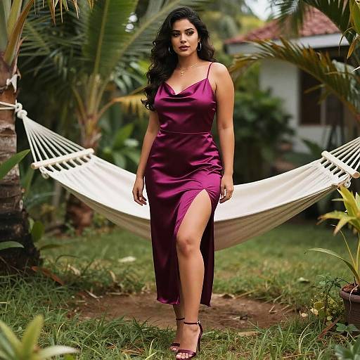 Curvy Woman in Magenta Satin Dress