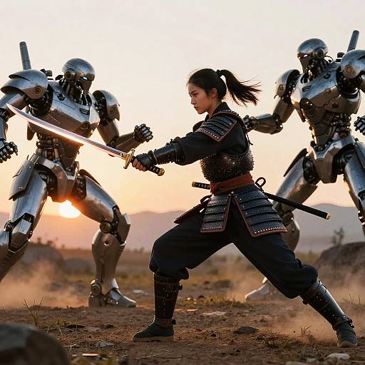 Modern Female Samurai vs Robots