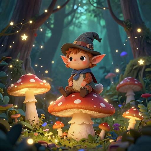 Mischievous Forest Creature Sitting on Toadstool