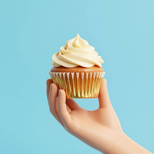 Photograph of a hand holding a cupcake with creamy white frosting, golden wrapper, against a bright blue background.