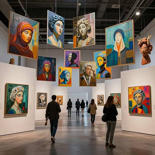 Photograph of a modern art gallery with vibrant, portrait paintings of diverse individuals hanging from the ceiling and walls. Visitors walk through, observing the colorful,