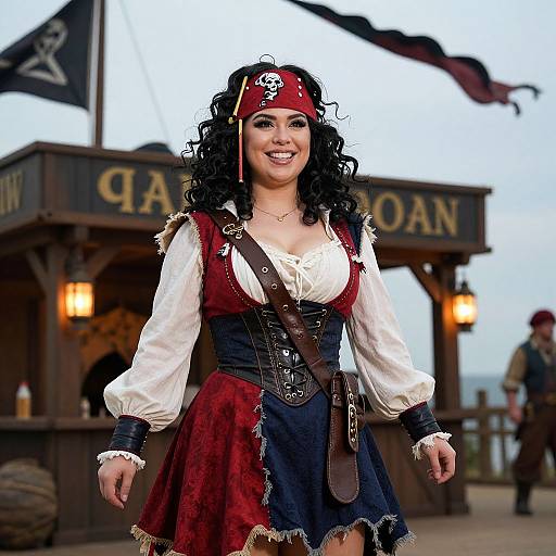 Photograph of a smiling woman with curly black hair, pirate costume, red and black dress, white shirt, pirate hat, standing in front of a