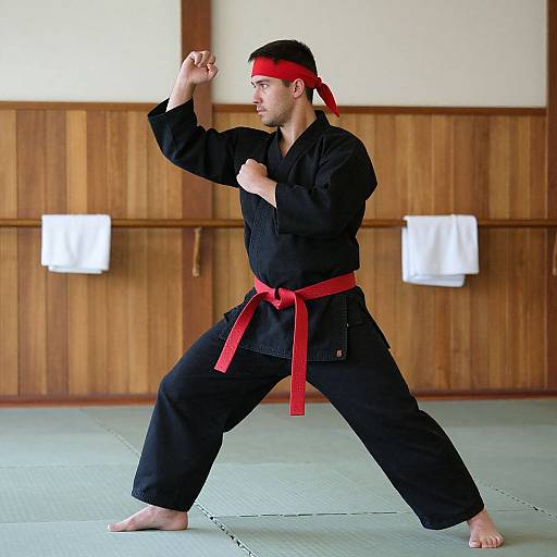 Man Practicing Karate with Red Belt