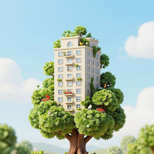 Photorealistic CGI of a beige apartment building growing from a lush, green tree with small red flowers, set against a bright blue sky.