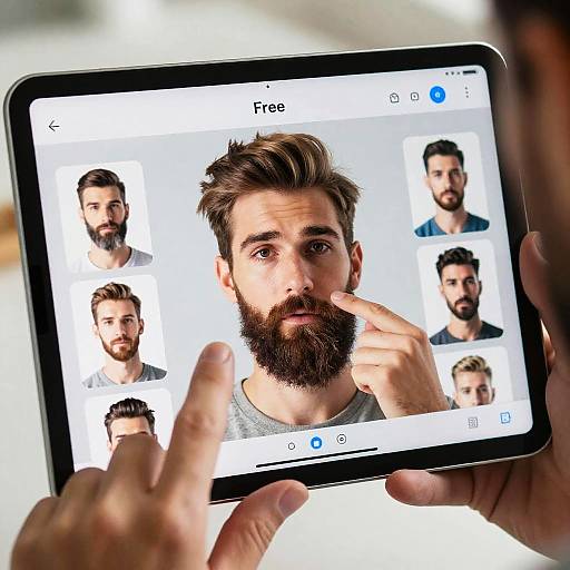Photograph of a man with a full beard, holding a tablet displaying a 