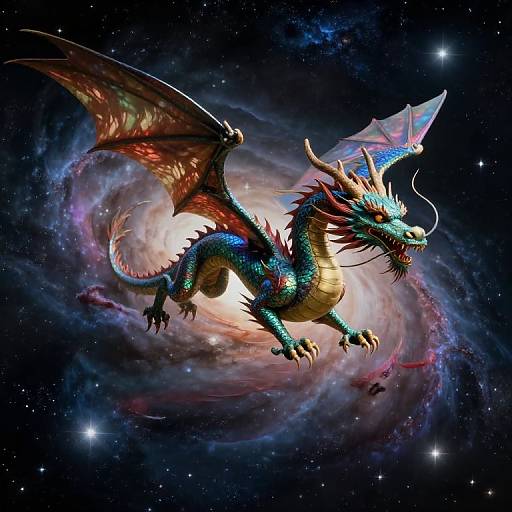 Digital artwork of a vivid, multicolored dragon with blue, green, and red scales, sharp horns, and glowing blue eyes, soaring through a
