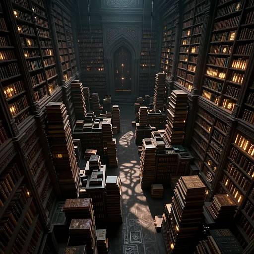 Photograph of a dimly lit, vast library with towering bookshelves, stacks of books on the floor, and warm, glowing book lights.