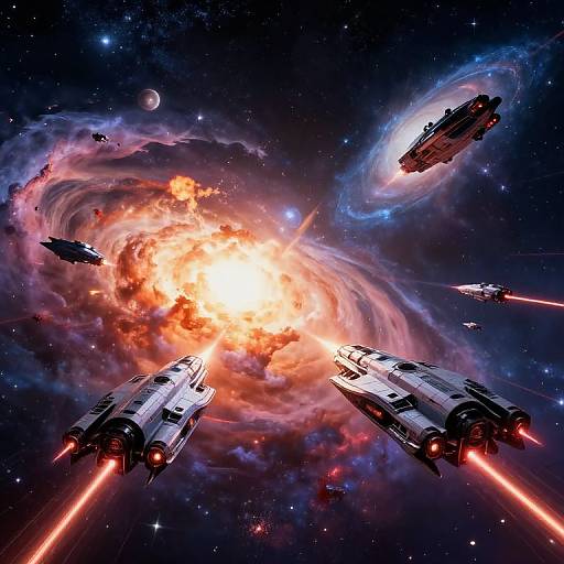 Digital artwork of space battle: four white and black starfighters with red laser beams, surround a bright, fiery explosion in a vibrant, star-filled cosmos