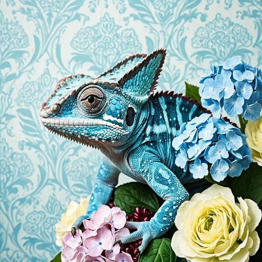 Blue Baby Chameleon with Pastel Flower Bouquet