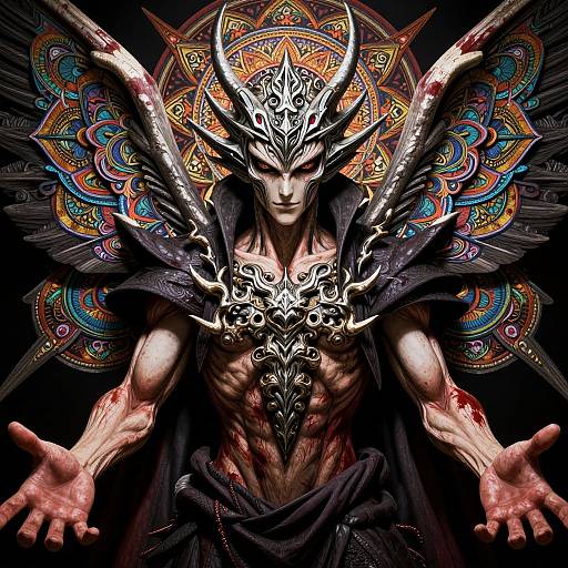 Digital art of a muscular, horned, winged deity with intricate armor, blood-stained hands, and vibrant, colorful mandala-like background.