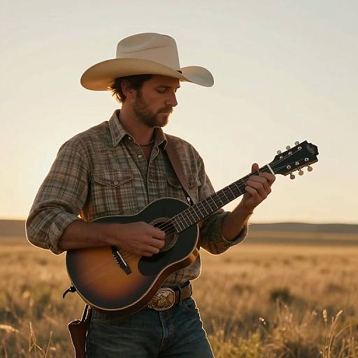 Photograph of a bearded man in a cowboy hat and plaid shirt, playing an acoustic guitar in a sunlit, grassy field.