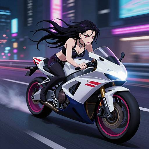 Digital anime-style artwork of a fierce, black-haired woman with red eyes riding a white sports motorcycle at night, neon city lights blurred in the background.