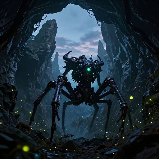 Digital art: Dark, menacing alien spider creature with glowing blue eyes, horns, and intricate exoskeleton stands in a rocky, cave-like cavern,