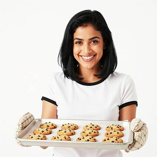 Smiling woman with dark hair, wearing white shirt with black trim, holding tray of chocolate chip cookies against white background.