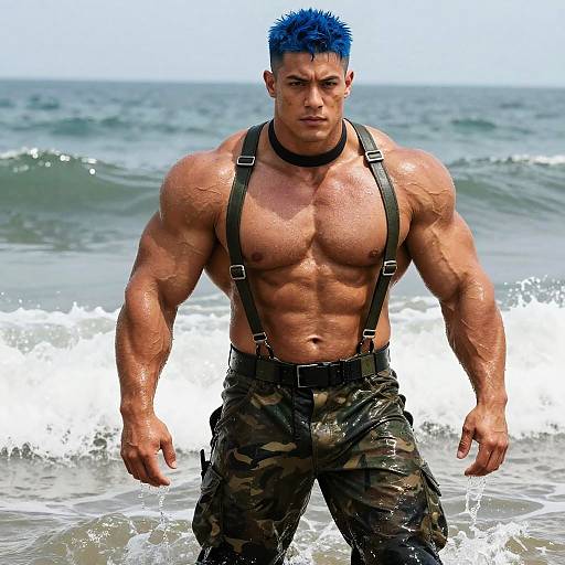 Muscular man with blue spiky hair, wearing camo pants and black suspenders, stands in ocean waves, glistening with water. Photoreal