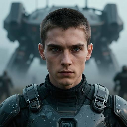 CGI image of a serious young man with short brown hair, blue eyes, and black armored suit, standing before a large, blurred mech in a